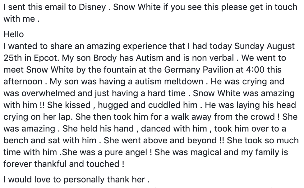 This Disney Princess Ensures A Young Boy With Autism Gets His Fairytale Moment at Disney World | Instead of a story that ends with tears, a woman playing Snow White made sure this boy got the fairytale moment he needed.