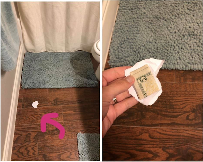 Facebook post of trash with $5 beneath it