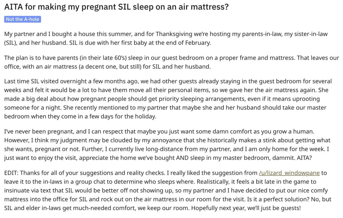 This Man Made His Pregnant Sister-in-Law Sleep on an Air Mattress and Wants to Know if That Makes Him a Jerk