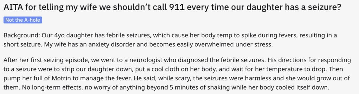 Was This Dad Wrong for Telling His Wife Not to Call 911 Every Time Their Daughter Has a Seizure?