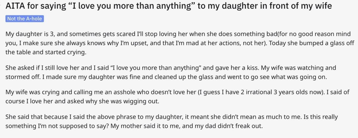 Did This Dad Make a Mistake Telling His Daughter He Loves Her 'More Than Anything' in Front of His Wife?