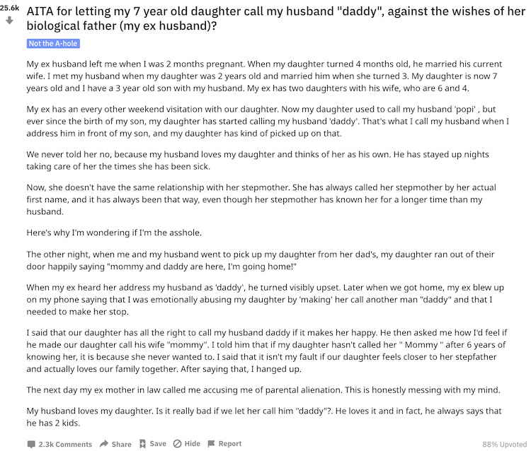 Is It OK to Let My Daughter Call My Husband 'Daddy' Despite Objections From Her Biological Father? | The dynamics of a blended family can be complicated. In one woman’s case, she wondered if she had made the right call allowing her daughter to call her second husband “daddy” against the wishes of her first husband and the girl’s father.