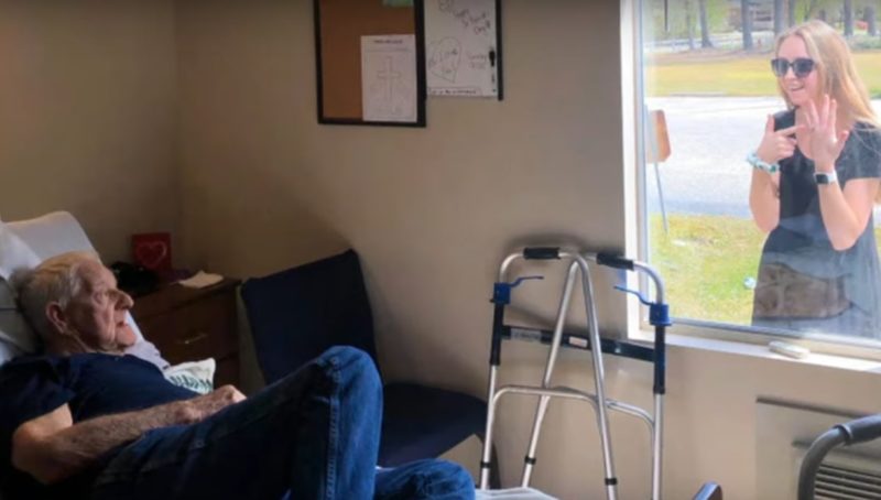 Newly Engaged Woman Surprises Grandpa In Quarantine Through Nursing Home Window  