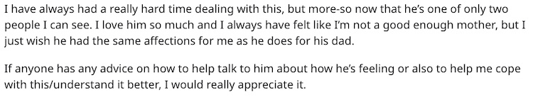 Divorced Mom Says Her 6-Year-Old Son 'Openly Prefers' Being with His Dad, Asks for Advice on Handling Heartbreak