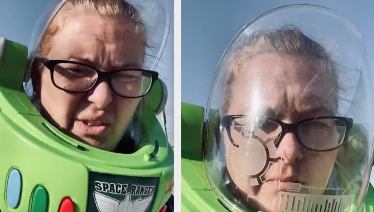 Mom Dons Her Kid's Buzz Lightyear Helmet In Public After Her Husband Insisted That She Wear a Mask in Public