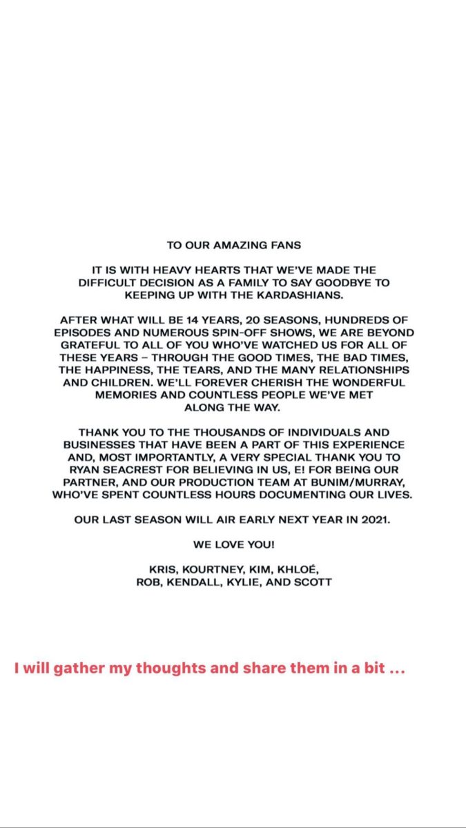 The Kardashian Family Announces the End of Their Reality Show 'Keeping Up With the Kardashians' After 20 Seasons | It's the end of an era, or so they say, as the Kardashian/Jenner family announces that their mega-popular reality show, Keeping Up With the Kardashians, on E! is coming to an end.