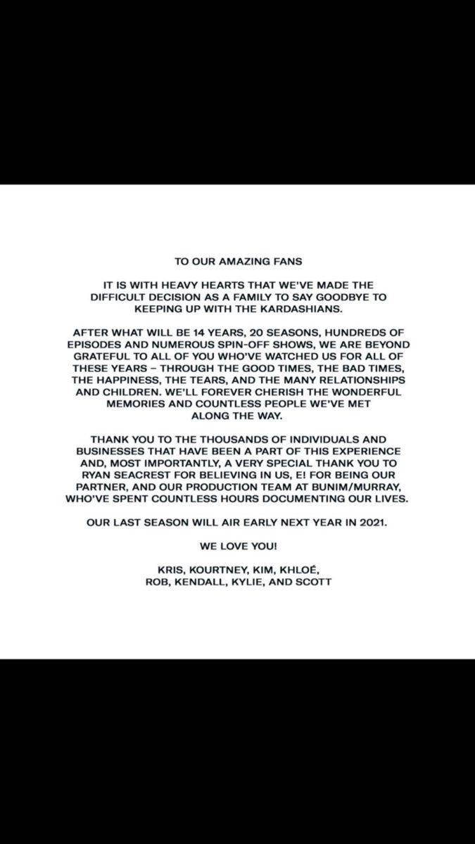 The Kardashian Family Announces the End of Their Reality Show 'Keeping Up With the Kardashians' After 20 Seasons | It's the end of an era, or so they say, as the Kardashian/Jenner family announces that their mega-popular reality show, Keeping Up With the Kardashians, on E! is coming to an end.