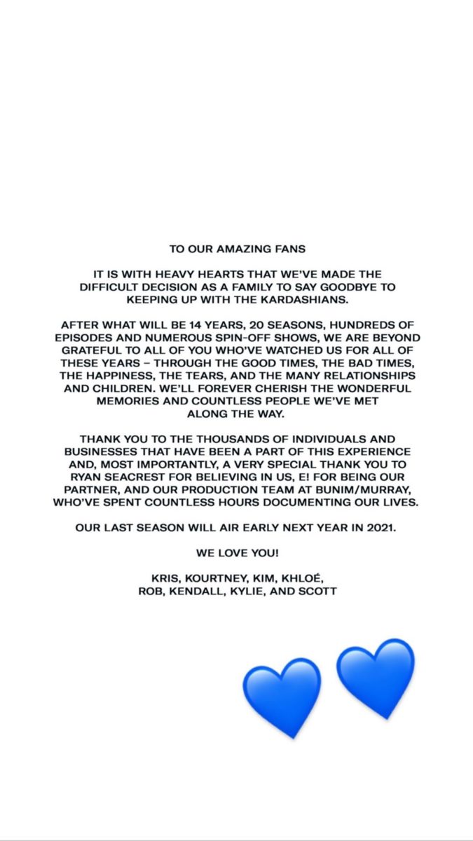 The Kardashian Family Announces the End of Their Reality Show 'Keeping Up With the Kardashians' After 20 Seasons | It's the end of an era, or so they say, as the Kardashian/Jenner family announces that their mega-popular reality show, Keeping Up With the Kardashians, on E! is coming to an end.