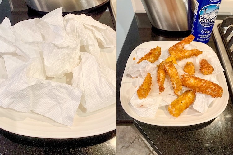 Jennifer Garner's Crispy Fish Sticks Recipe Post-Frying Crumpled Paper Towel Plate