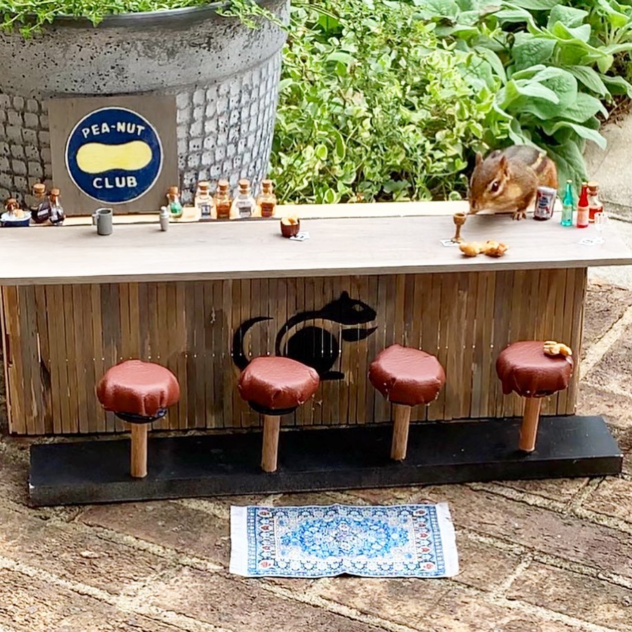 The restaurant for a chipmunk features a bar with stools and drinks called the Peanut Club