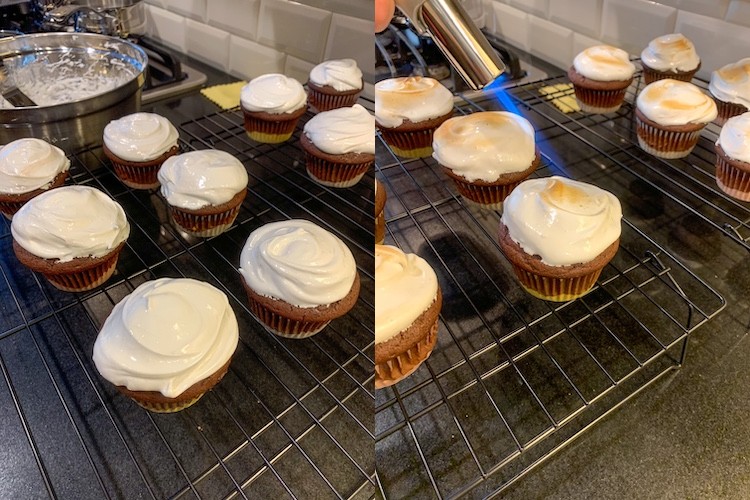 S’more cupcake recipe frosting the cupcakes and then toasting the marshmallow frosting with a kitchen torch