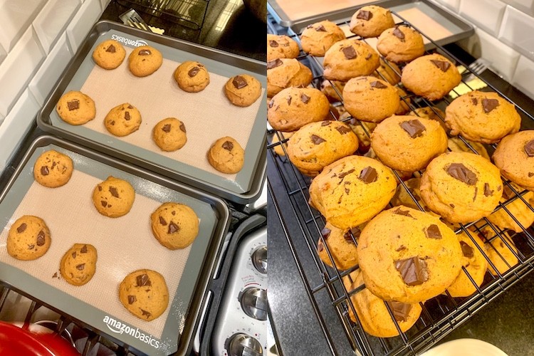 Taylor Swift Dark Chocolate Chunk Pumpkin Cookie Recipe Finished Cookies on Baking Sheets and Cooling Rack