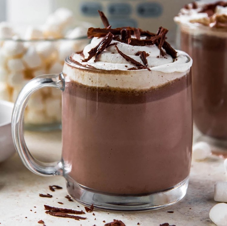 Slow Cooker Hot Chocolate in a glass mug