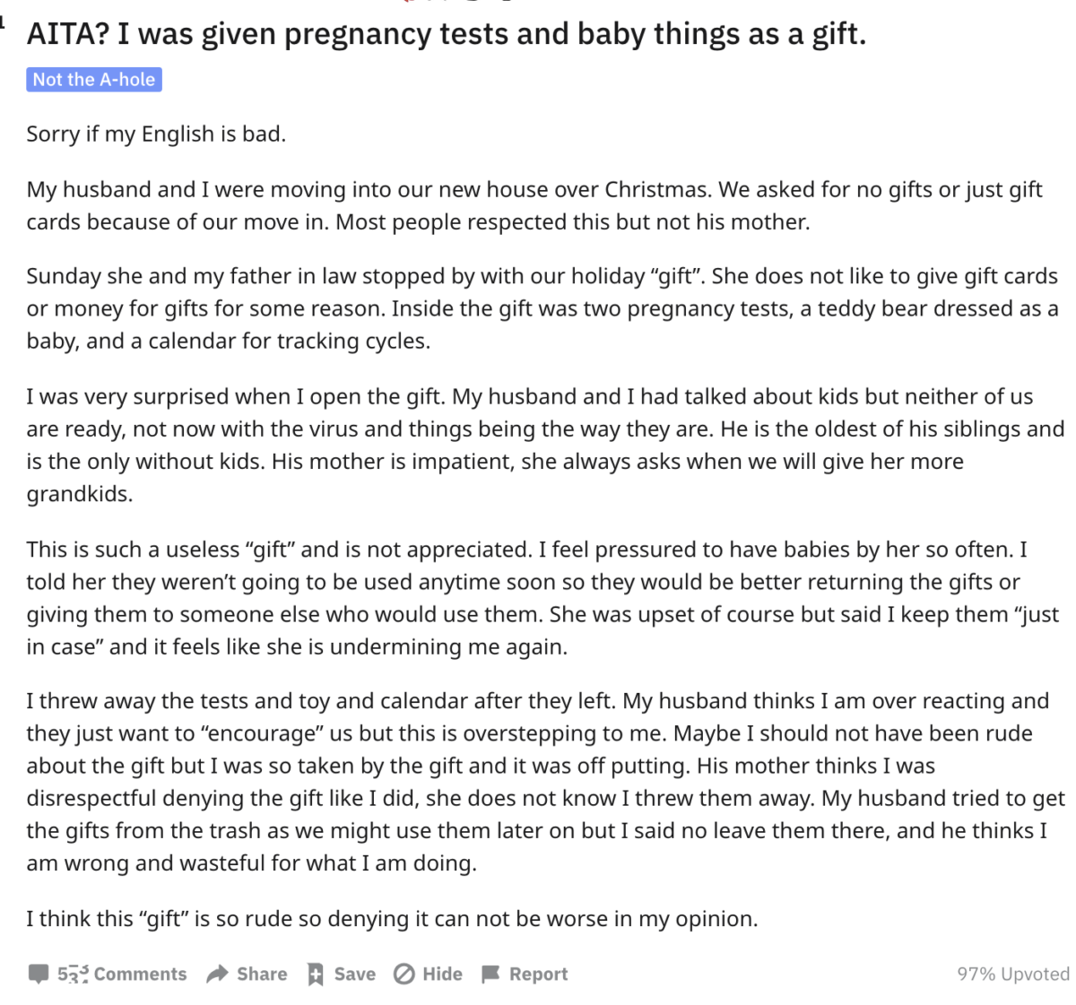 Mother-In-Law Gives Daughter-In-Law a Pregnancy Test for the Holidays | What would you do if your mother-in-law gifted you a pregnancy test for Christmas? That's exactly what happened to one woman, so she took to Reddit to get some feedback from the community.