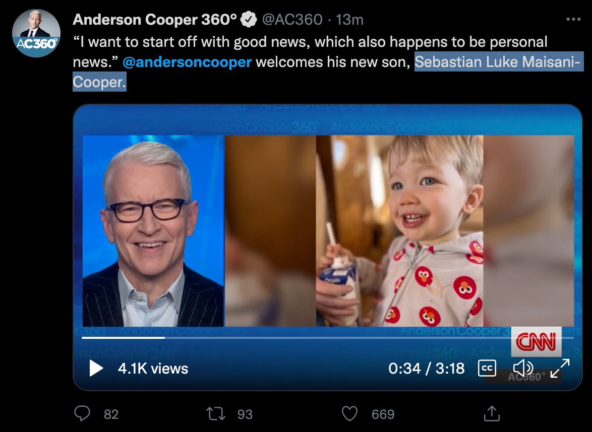 Anderson Cooper’s Baby Boy Is No Longer an Only Child | Just 20 hours ago, CNN anchor Anderson Cooper post a photo of himself and his son.