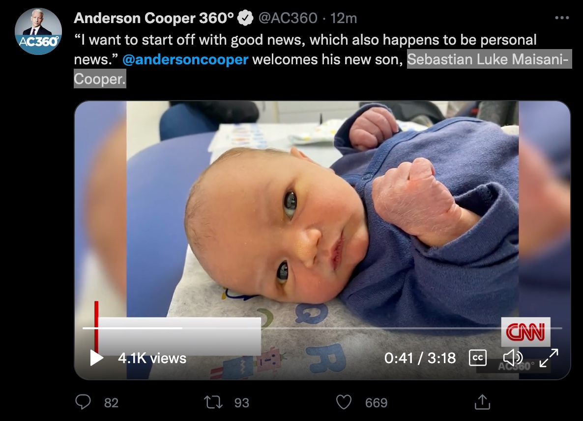 Anderson Cooper’s Baby Boy Is No Longer an Only Child | Just 20 hours ago, CNN anchor Anderson Cooper post a photo of himself and his son.